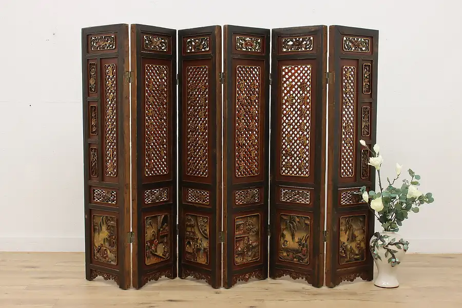 Main image of Traditional Chinese Antique 6 Panel Hand Carved Screen