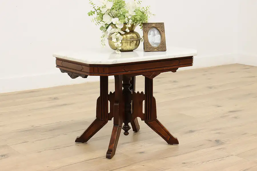 Main image of Victorian Eastlake Antique Walnut & Marble Coffee Table