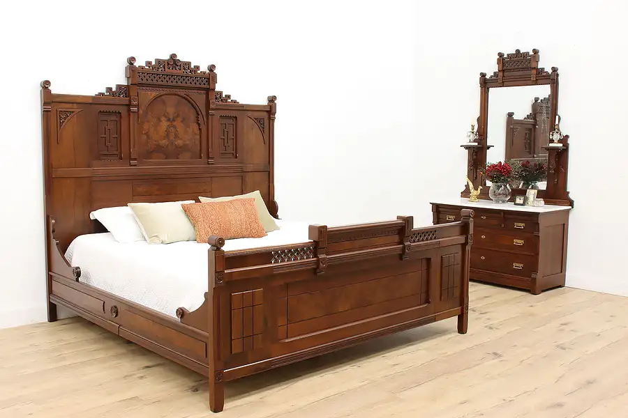 Main image of Victorian Eastlake Antique Walnut 2 Pc Bedroom Set, King Bed