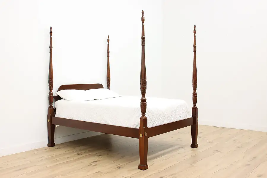 Main image of Georgian Style Vintage Mahogany Four Poster Queen Bed Drexel