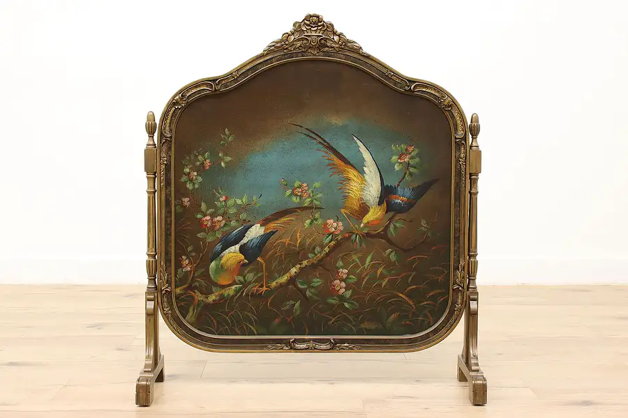 Main image of Hand Painted Birds Antique Faux Leather Fireplace Screen