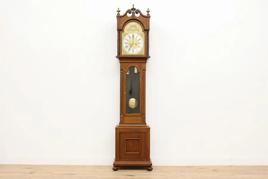 Main image of Oak Antique Tall Case Grandfather Clock, Brass Cherub Dial