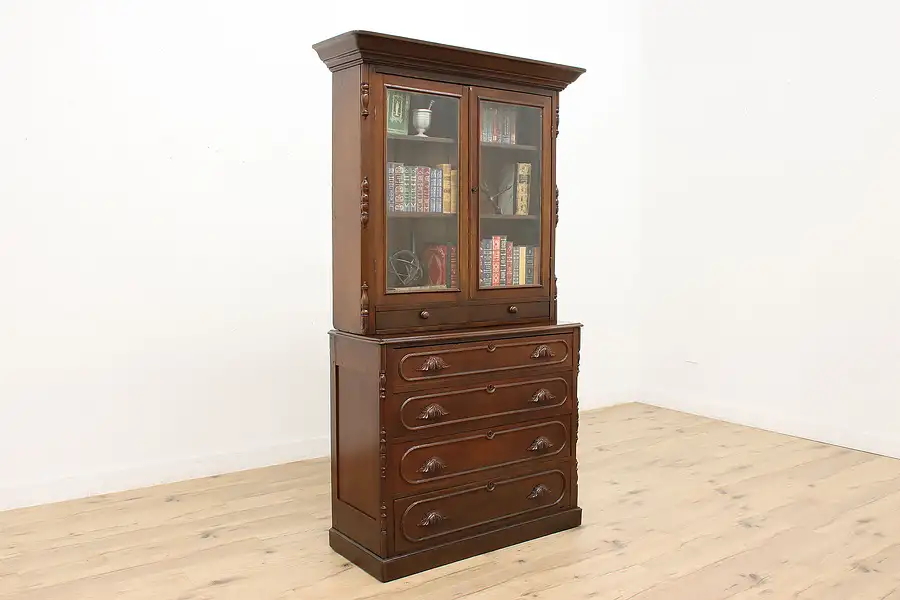 Main image of Victorian Antique Carved Walnut Kitchen Cupboard or Bookcase