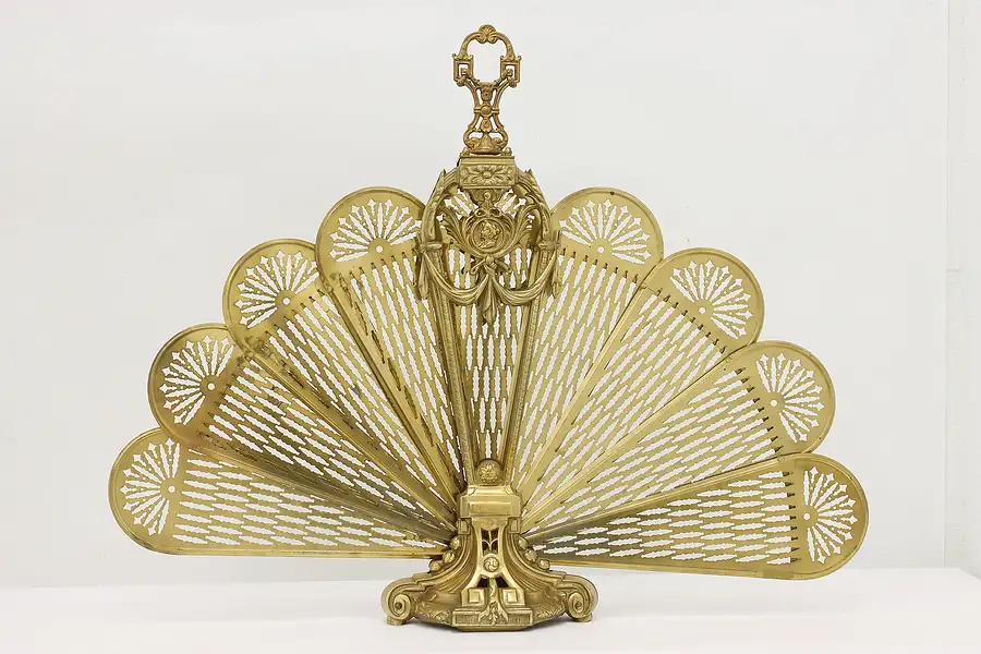 Main image of Victorian Design Vintage Brass Fireplace Peacock Fan Screen