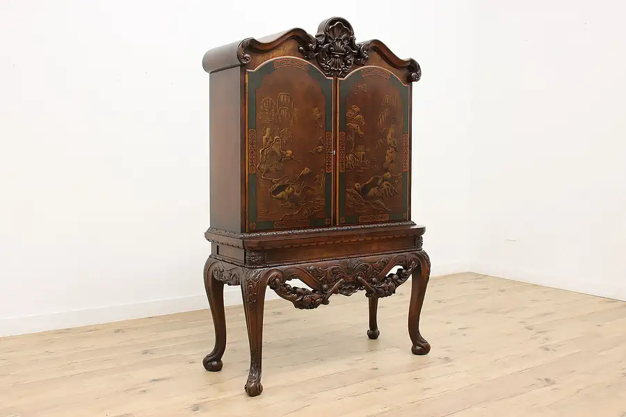 Main image of Asian Enamel Lacquer Antique Carved Walnut China Cabinet