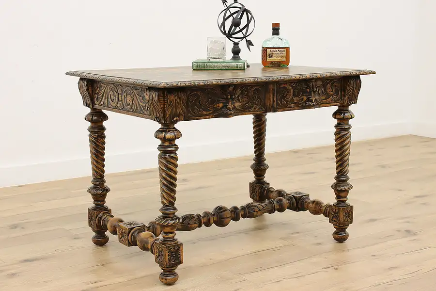 Main image of Black Forest Antique Carved Oak Office Desk or Library Table