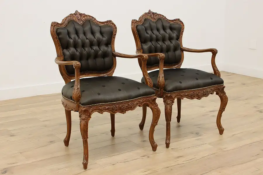 Main image of Pair of French Antique Carved Chairs Original Horsehair