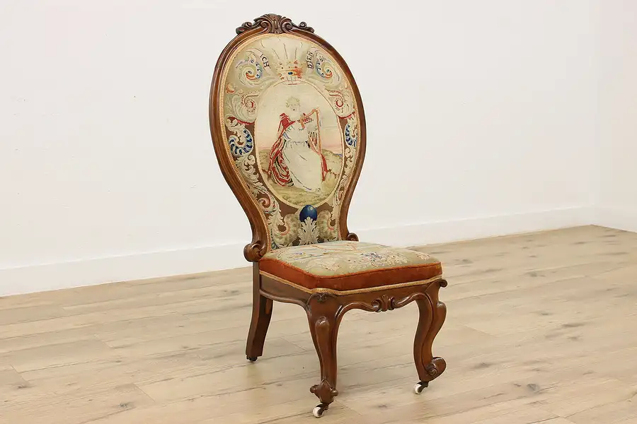 Main image of Victorian Antique Slipper Chair, Harp Petit Point Tapestry