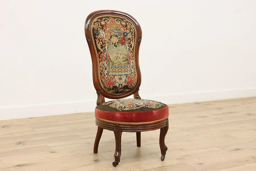 Main image of Victorian Antique Chair, Petit Point Tapestry Castle Scene