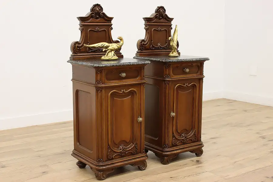 Main image of Pair of French Antique Carved Walnut Marble Top Nightstands