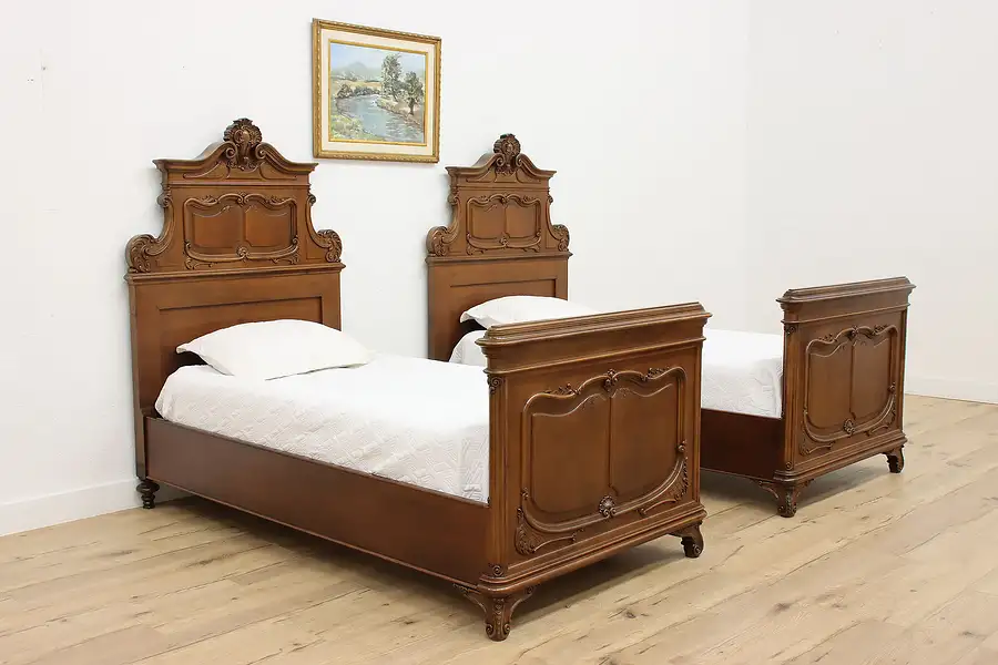 Main image of Pair of French Antique Carved Walnut Twin Single Size Beds