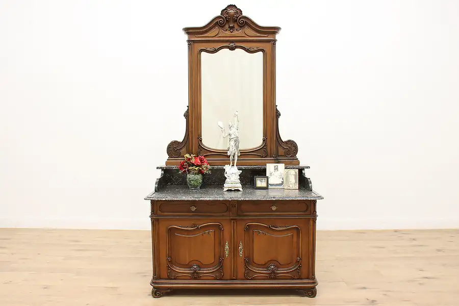 Main image of French Antique Walnut & Marble Top Dresser or Chest, Mirror