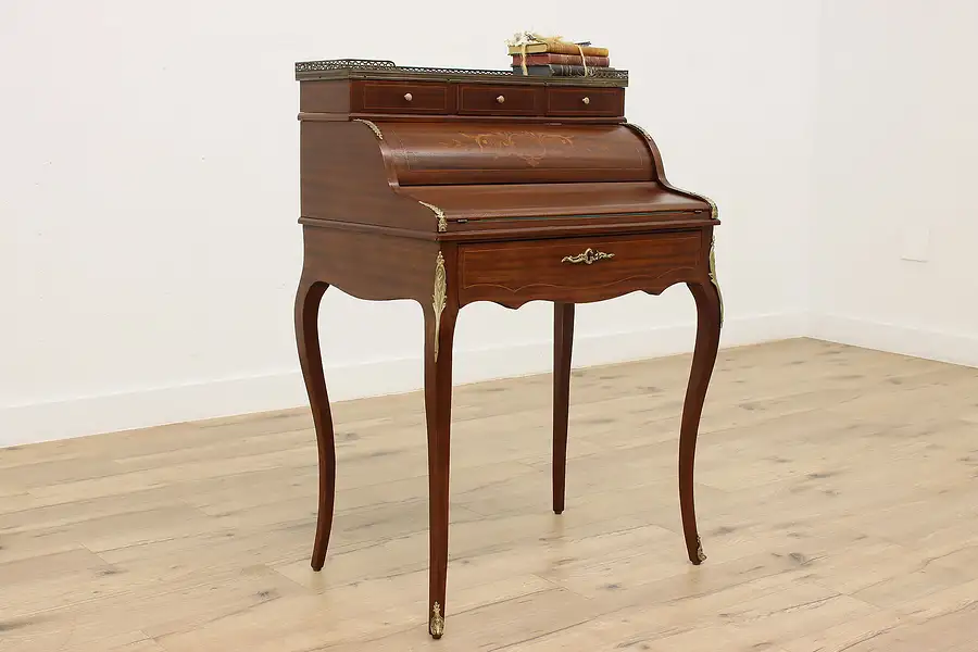 Main image of French Antique Mahogany Marquetry Roll Top Office Desk