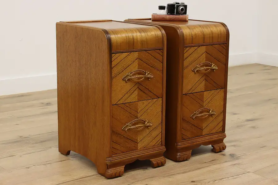 Main image of Pair of Art Deco Vintage Waterfall End Tables or Nightstands