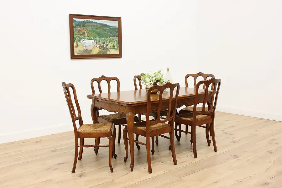 Main image of Country French Vintage Oak Dining Set 6 Chairs Table, Leaves