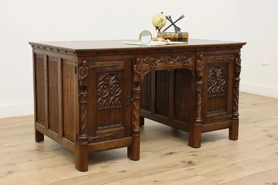 Main image of Gothic Carved Antique Oak Office Library Desk, Knights