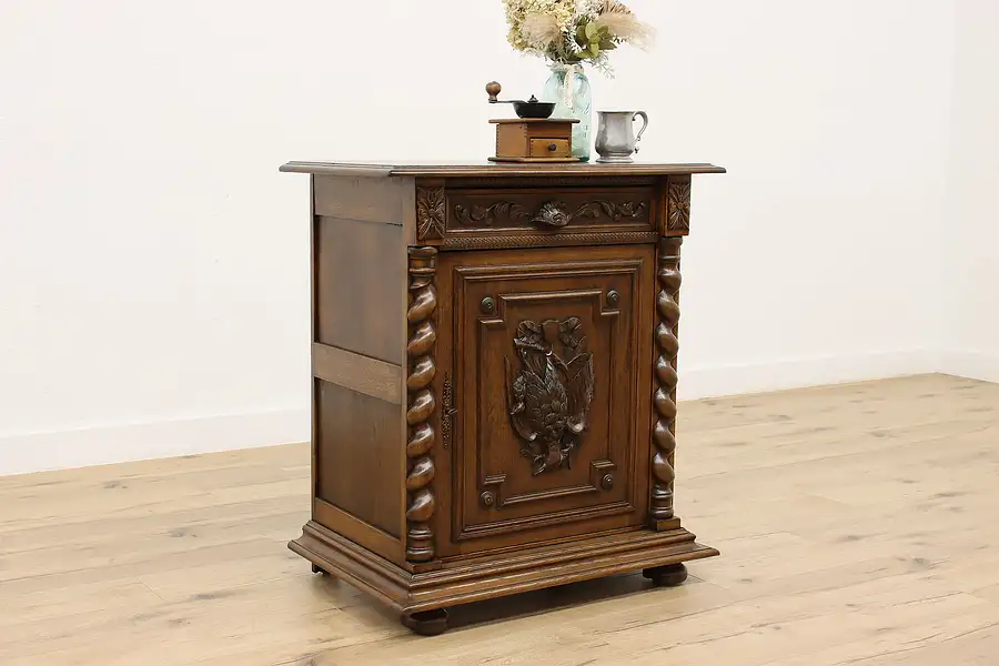 Main image of Black Forest Antique Oak Bar or Hall Cabinet, Carved Bird