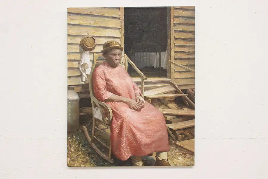 Main image of Black Woman in Chair Vintage Original Oil Painting, Long 31"