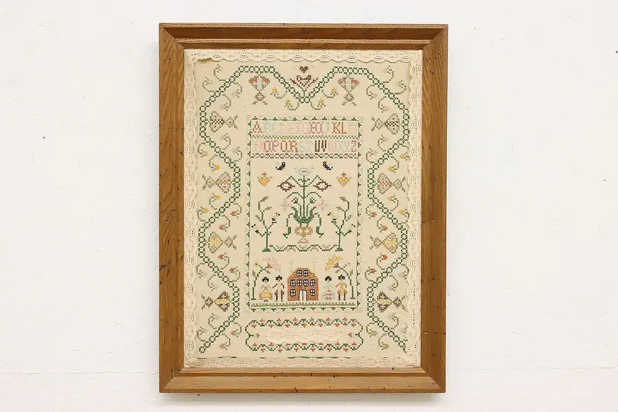 Main image of Hand Stitched Vintage Framed Child Sampler, Chestnut Frame