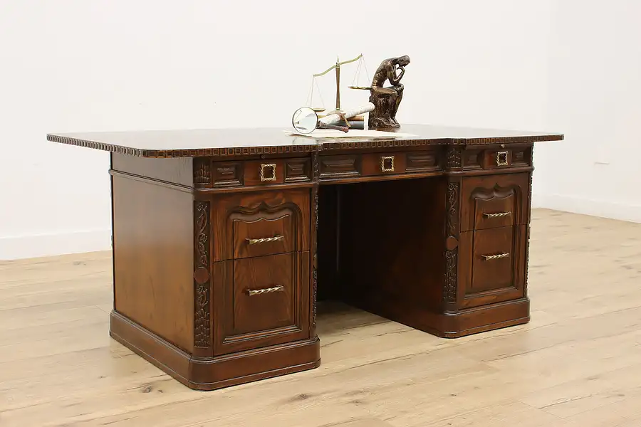 Main image of Tudor Vintage Carved Oak Executive Office Desk Romweber