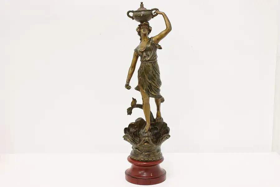 Main image of French Art Nouveau Antique Statue Woman & Dolphin Sculpture