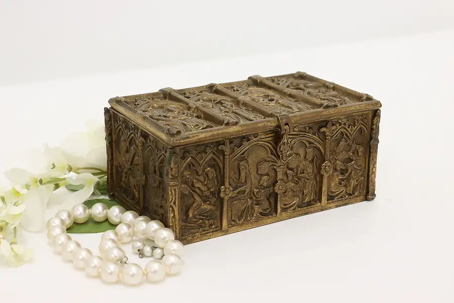 Main image of Gothic Antique Cast Bronze Jewelry Keepsake Box Bible Scenes