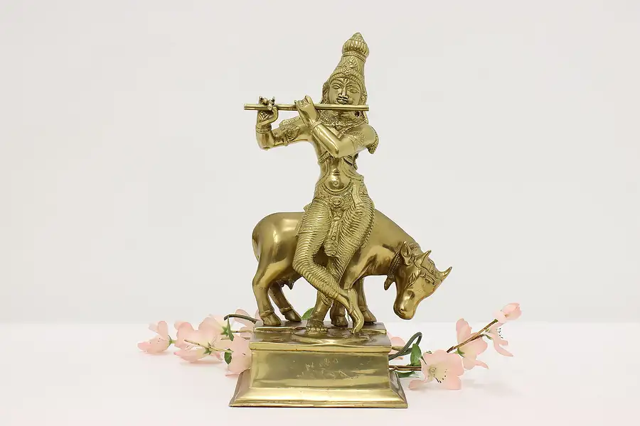 Main image of Indian Krishna God & Sacred Cow Vintage Brass Sculpture