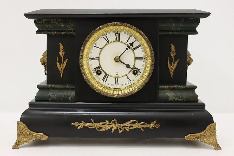 Main image of Victorian Antique Mantel Clock, Lion Heads, Waterbury