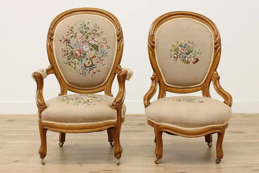 Main image of Pair of Victorian Antique Walnut Chairs Needle & Petit Point