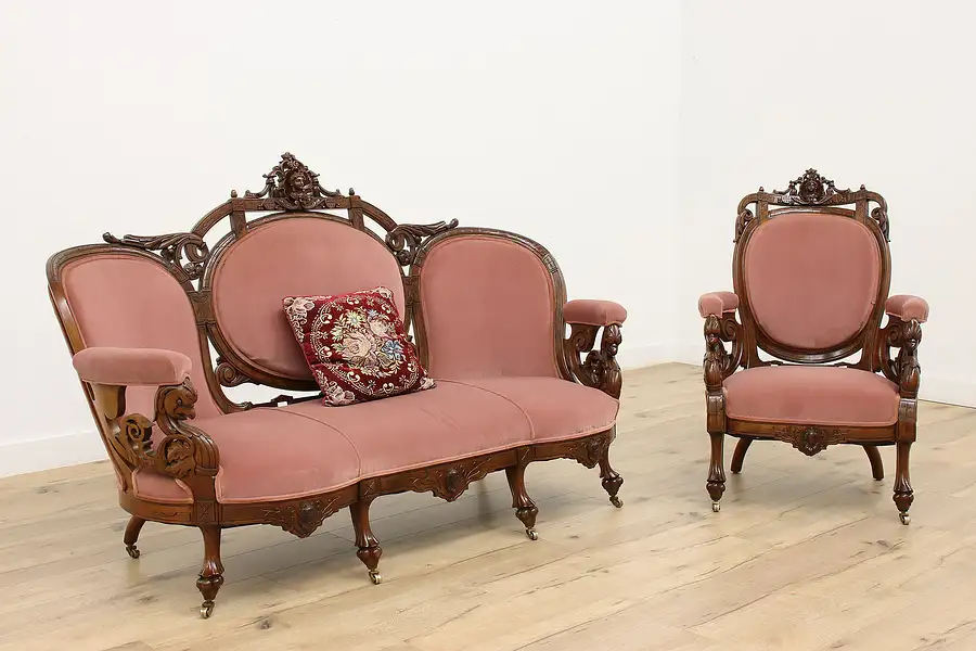 Main image of Victorian Walnut Antique Chair & Sofa Set, Heads Jelliff?