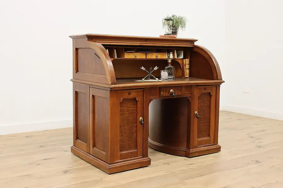 Main image of Wooton Victorian Antique Walnut Rotary Roll Top Office or Library Desk