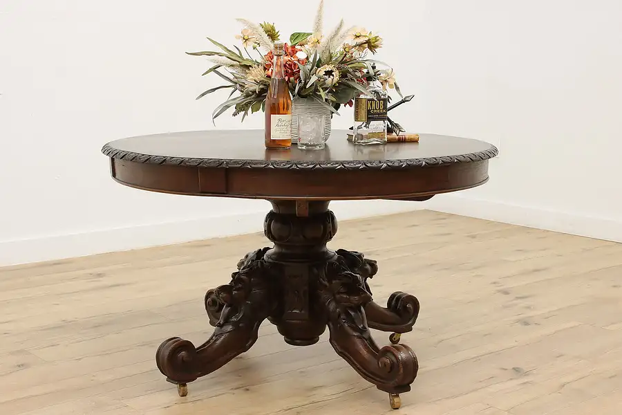 Main image of Black Forest Antique Oak Dining, Hall, Breakfast Table Lions