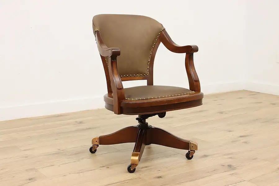 Main image of Leather & Walnut Antique Office Library Desk Chair, Colonial