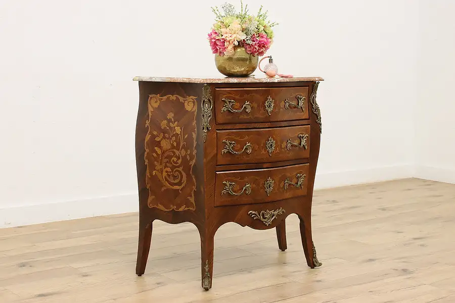 Main image of French Bombe Antique Marble & Marquetry Chest or Dresser