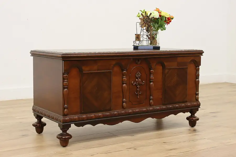 Main image of Tudor Design Antique Carved Walnut Cedar Chest or Trunk