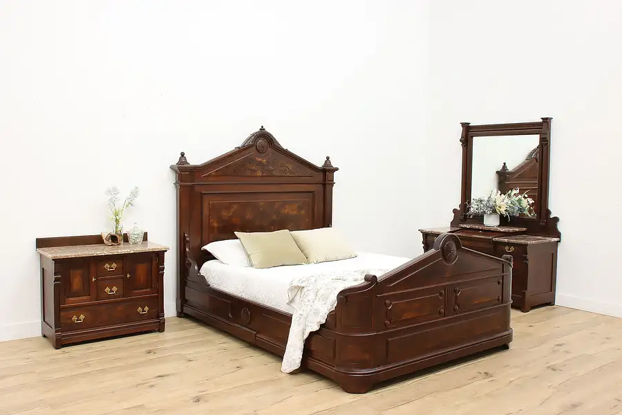 Main image of Victorian Eastlake Antique 3 Pc Bedroom Set, Queen Size Bed