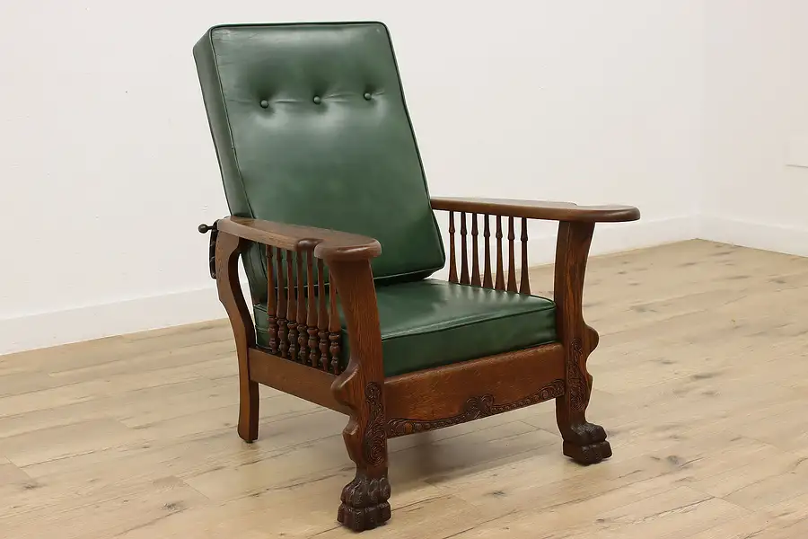 Main image of Victorian Antique Oak Leather Morris Recliner Chair, Paws