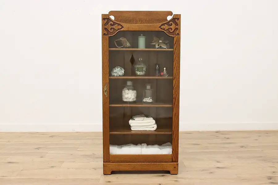 Main image of Victorian Antique Carved Oak Bookcase or Bath Cabinet