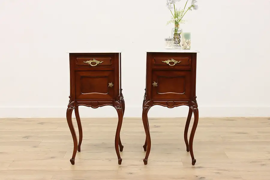 Main image of Pair French Antique Mahogany Nightstands, End Tables, Marble