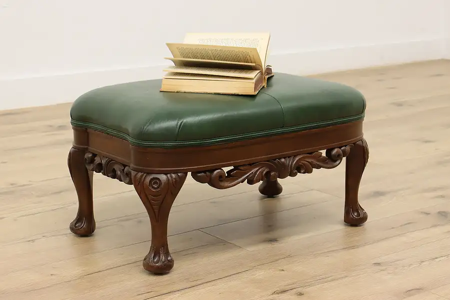 Main image of Carved Mahogany Vintage Footstool or Bench, Green Leather