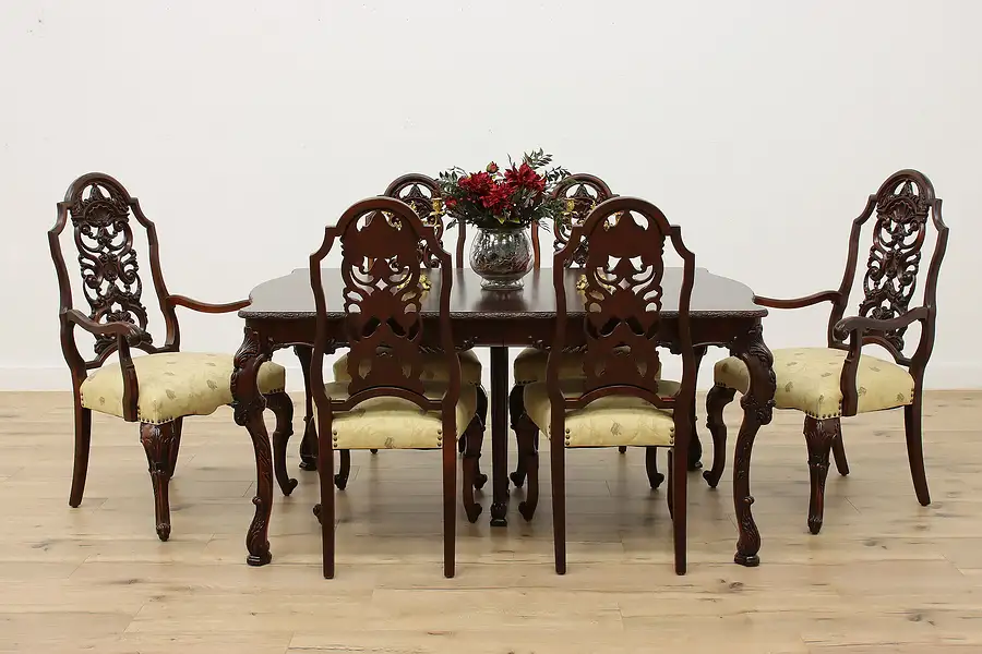 Main image of Carved Mahogany Vintage Dining Set, Table, 6 Chairs