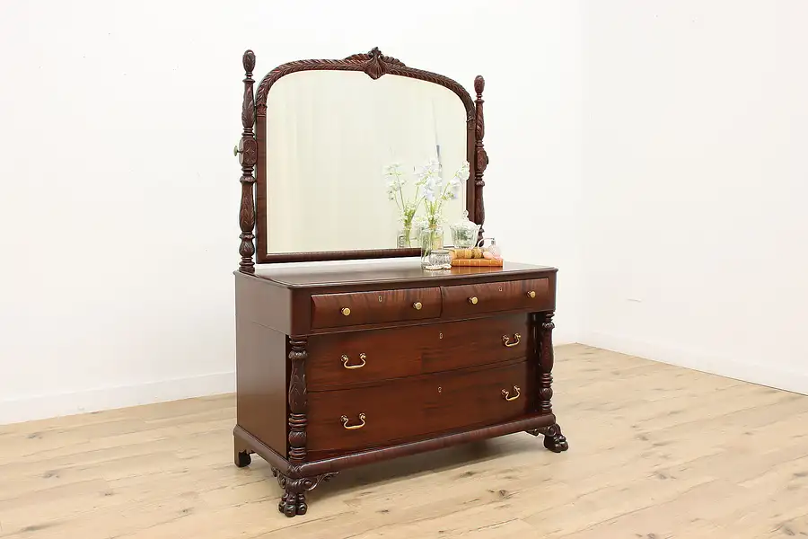 Main image of Empire Antique Mahogany Dresser or Chest, Mirror, Acanthus