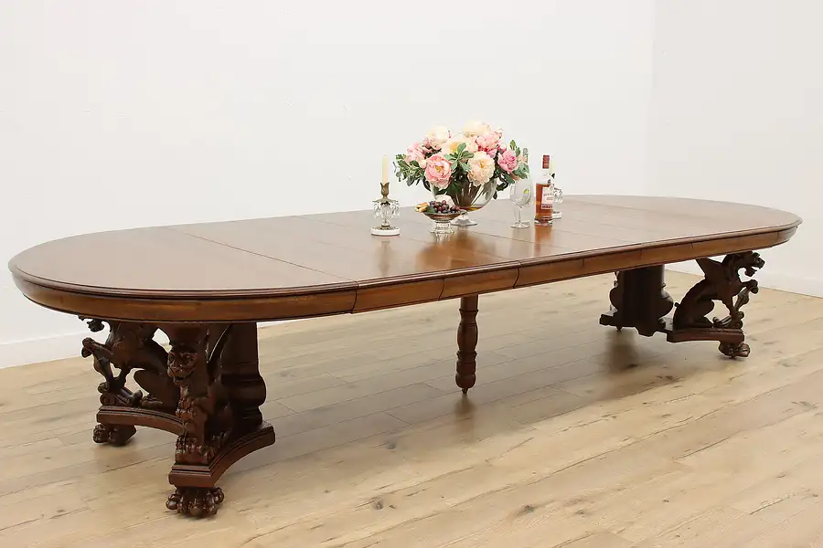 Main image of Victorian Antique Oak 5' Dining Table, Opens 12.5,' Griffins