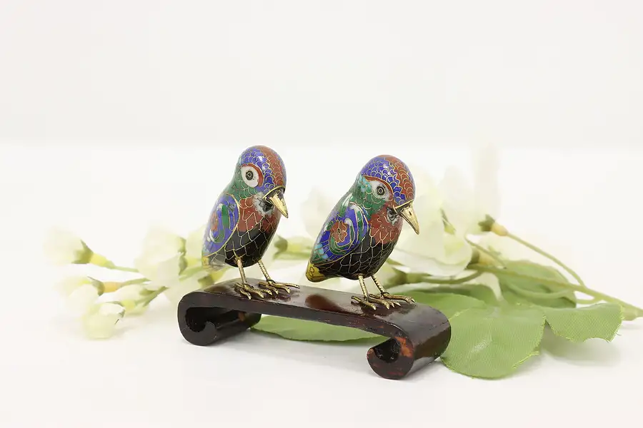 Main image of Pair of Chinese Cloisonne Birds on Base Vintage Sculpture