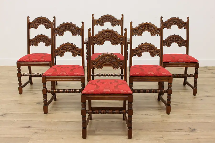 Main image of Set of 6 Tudor Vintage Oak Dining Chairs, New Upholstery