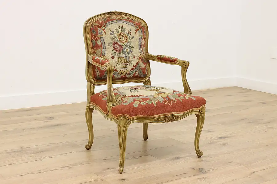 Main image of Country French Antique Chair, Handstitched Needlepoint