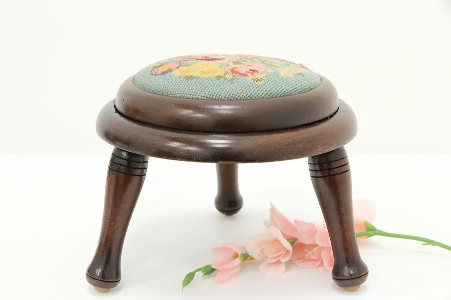 Main image of Victorian Farmhouse Antique Mahogany & Needlepoint Footstool