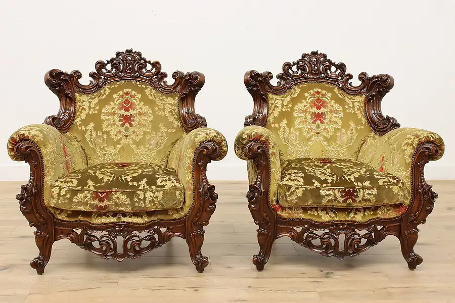 Main image of Pair of Italian Rococo Design Vintage Velvet Carved Chairs