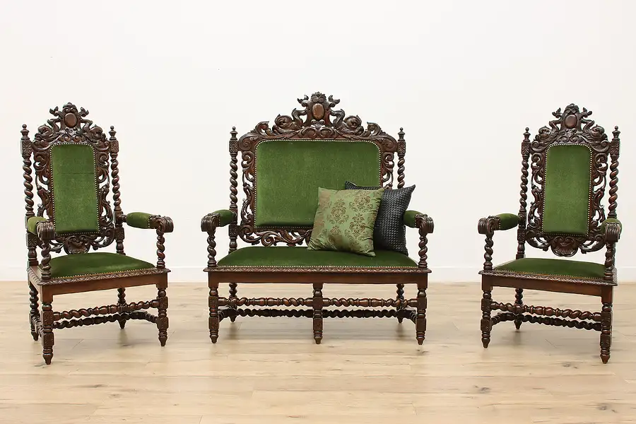 Main image of Black Forest Oak Antique 3 pc Settee & Chair Set, Mohair