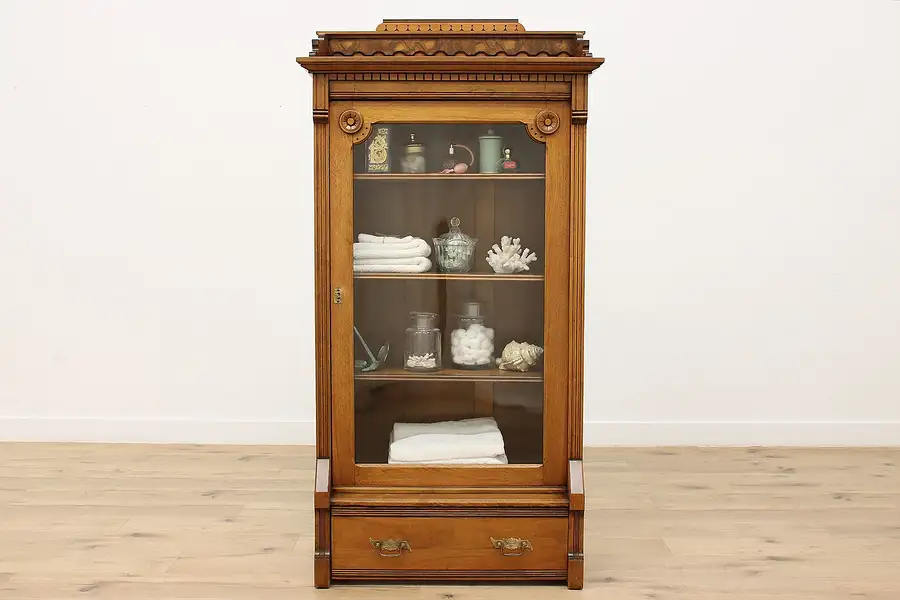 Main image of Victorian Eastlake Antique Walnut & Burl Curio, Bath Cabinet